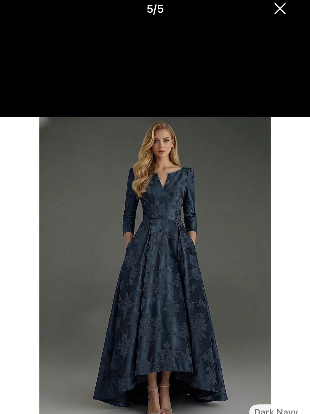 Dark Navy Floral Jacquard High-Low Evening Gown